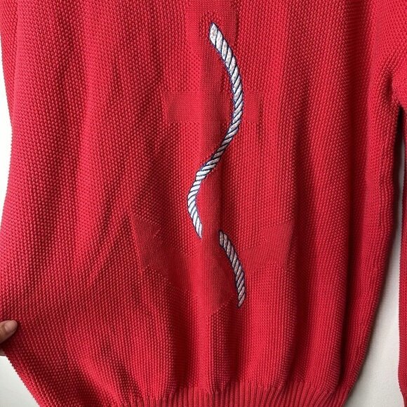 Vintage Men's Knitted Crew Neck Sweater XL Red Cotton Blend Nautical Anchor Rope - Picture 3 of 8